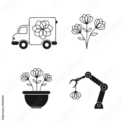 Automated Floriculture and Flower Delivery Icon Set: Smart Agriculture Concept