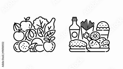 Healthy & Fast Food Line Icon Pack – Modern Minimal Nutrition Outline Set