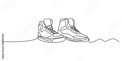 Continuous line drawing of a pair of stylish high top sneakers on a white background. Vector, illustration