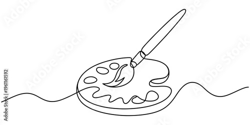 Minimalist continuous line drawing of an artist palette and paintbrush on a white background Vector, illustration