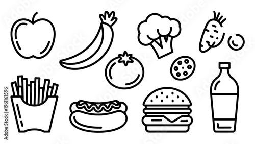 Food Icon Set Line Collection – Fruits, Vegetables & Fast Food Outline Icons