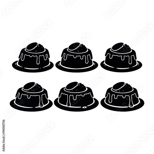 Sticky Toffee Pudding Silhouette  Dessert Set with Caramel Sauce Cartoon Food Vector Illustration 