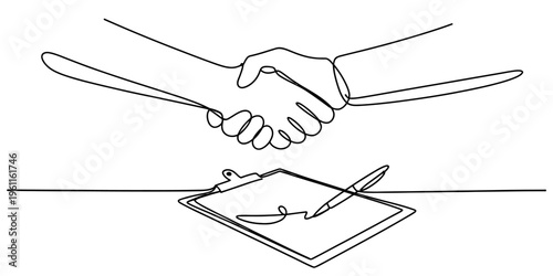 Continuous one line drawing of two people shaking hands over a clipboard with a pen Vector, illustration