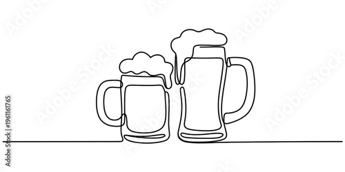Minimalist one line art illustration of two glasses of beer with frothy foam. Vector, illustration