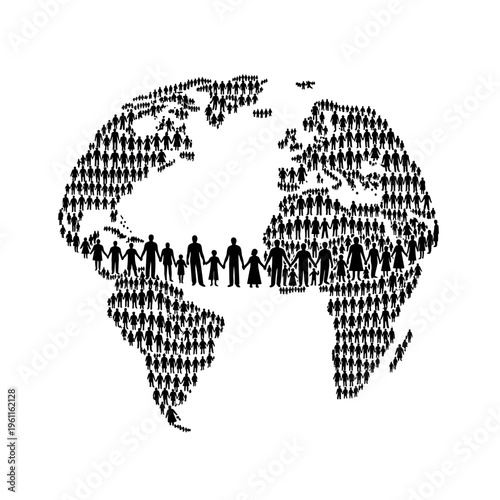 Diverse people forming globe shape.
