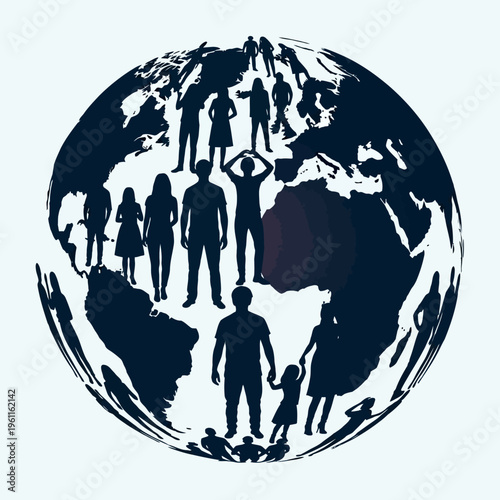 Diverse people on a globe together.
