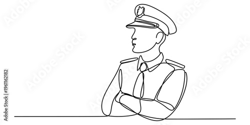 Continuous line drawing of a professional police officer in uniform wearing a service cap. Vector, illustration