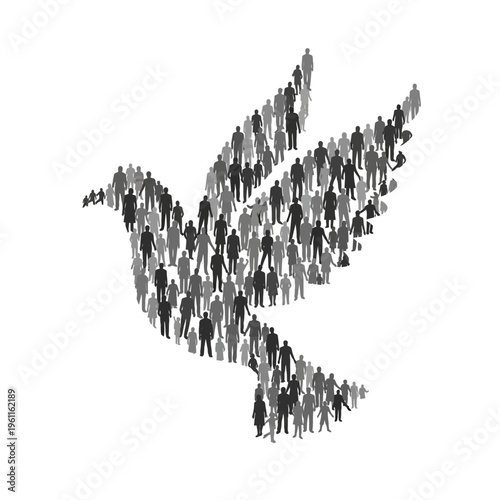 Dove made of standing people crowd.