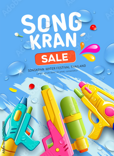 Songkran water thailand festival, water guns collections three design, watersplash, clear water drop, poster design on blue background