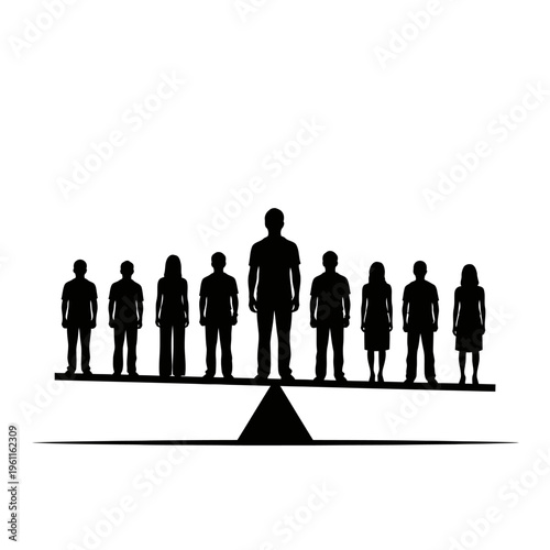 Group of people on seesaw balance.