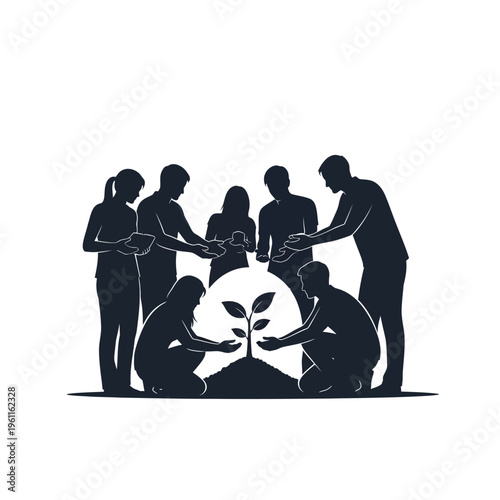 Diverse group of people planting seedling.