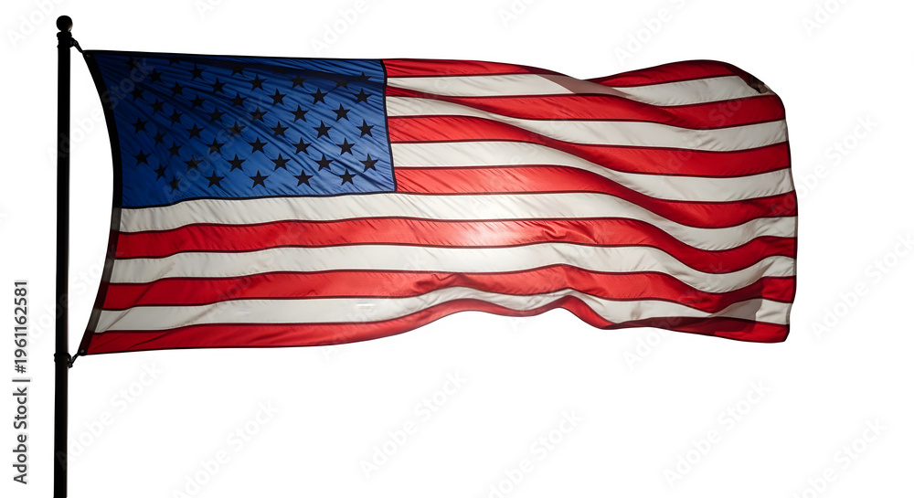 Obraz premium American Flag Waving on Flagpole Isolated on White Background – USA Patriotic National Symbol 3D Illustration