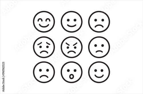 A collection of nine simple black and white line drawing emoticons showing various expressions