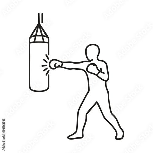 Boxing silhouette icon: athlete training with punching bag in dynamic pose, fitness concept, line art