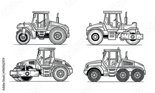 Heavy construction machinery vector set including road rollers and tractor equipment.