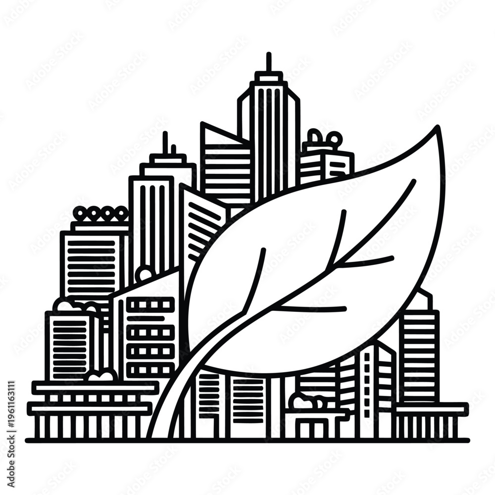Obraz premium Leaf in front of cityscape.