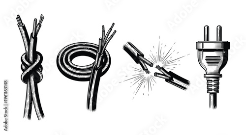 Electric wires vector with plug frayed ends and knotted cable dangerous situation.