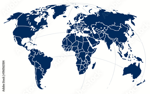Blue curved World map contours on white background. Made for world news and articles. Vector illustration. icon
