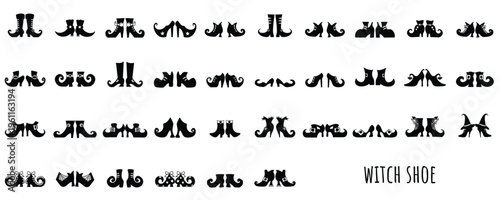 Halloween witch shoe silhouette vector set. A variety of gothic footwear with witchy details like pumpkins, hats, and stars. Perfect for spooky designs, stickers, apparel, and party decor.