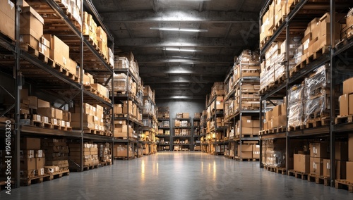 Vast warehouse interior with towering shelves filled with cardboard boxes
