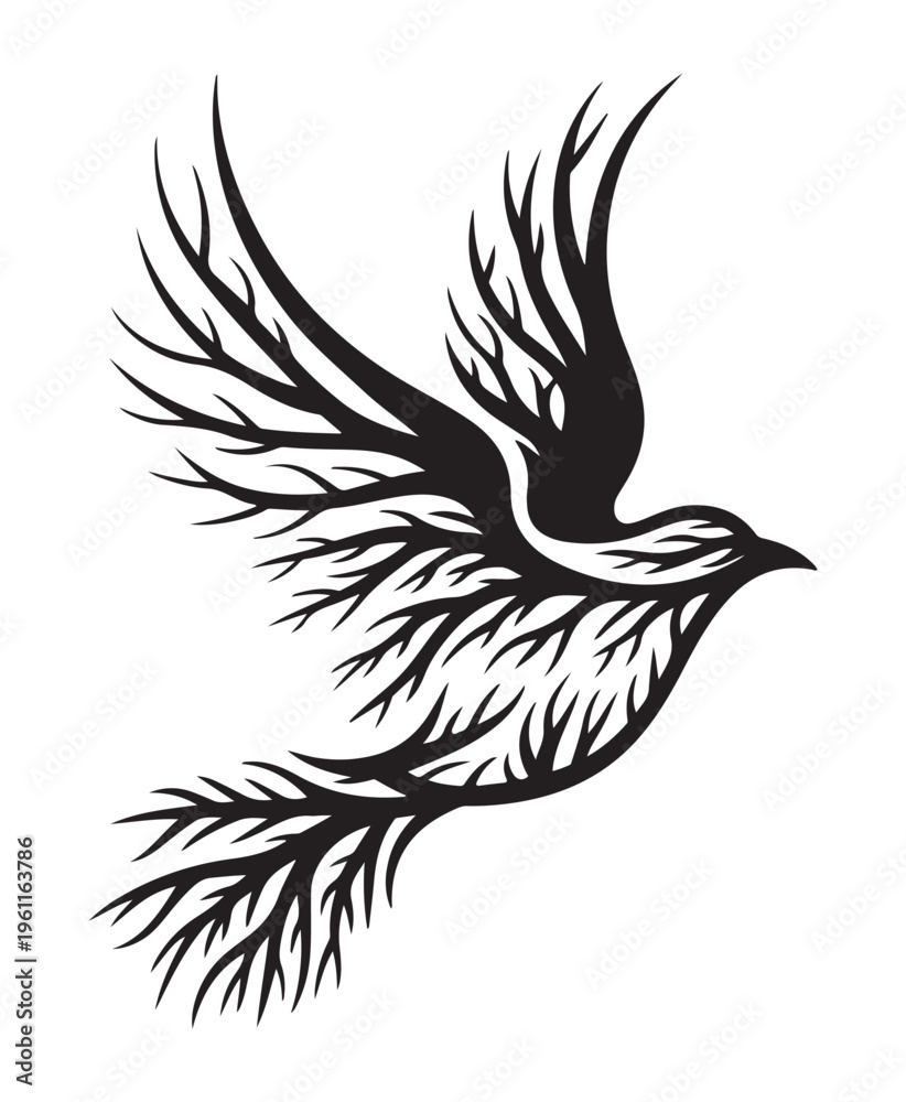 Fototapeta premium Black Bird Flying with Feathered Wings on White Background