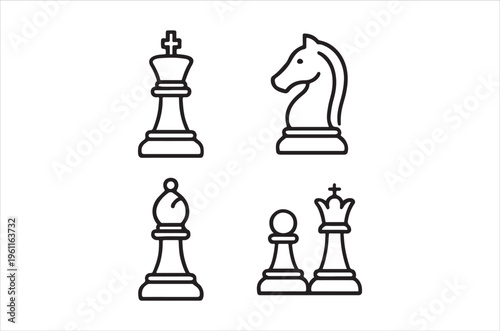 Simple black and white line drawing of chess pieces king knight pawn and queen