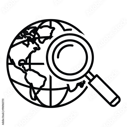 Magnifying glass over world globe icon.