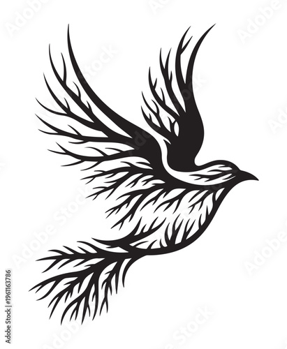 Black Bird Flying with Feathered Wings on White Background