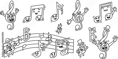 Musical Notes and Symbols Icons Set Featuring Happy Notes, Clefs, and Musical Staves for Music and Audio Designs