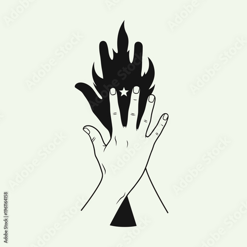 Hand with flames and star symbol.