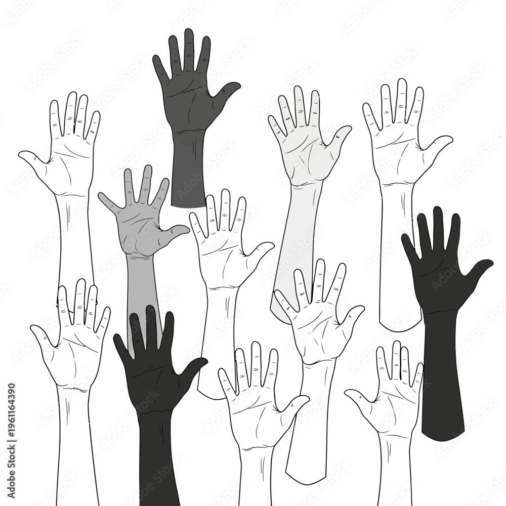 Fototapeta premium Many hands raised up together high.