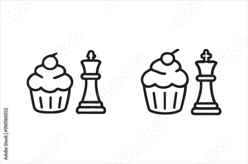 A minimalist depiction of chess pieces alternating with decorated cupcakes in black outline