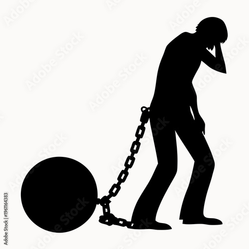 A black silhouette of a man struggling with a heavy ball and chain attached to his ankle, symbolizing hardship and oppression.