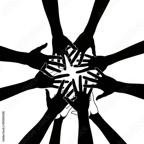 Many hands stacked together in unity.