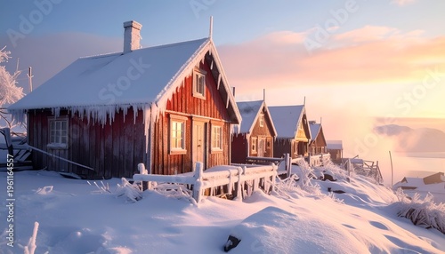 Snow-covered wooden cabins perched on a snowy hillside, bathed in a sunrise glow