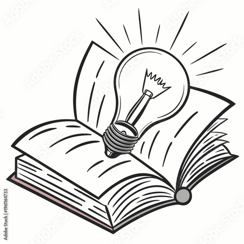 A black and white illustration of an open book with a light bulb on top, symbolizing knowledge and ideas