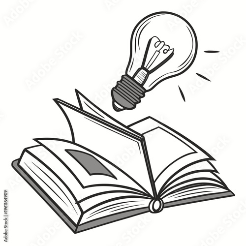 A black and white illustration of an open book with a lightbulb above it, symbolizing knowledge and ideas