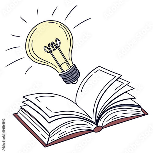 A cartoon illustration of a glowing lightbulb floating above an open book on a with lines radiating from the bulb