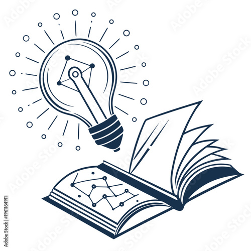 A creative illustration of a lightbulb above an open book with a graph on the page and lines radiating from the bulb symbolizing ideas and knowledge