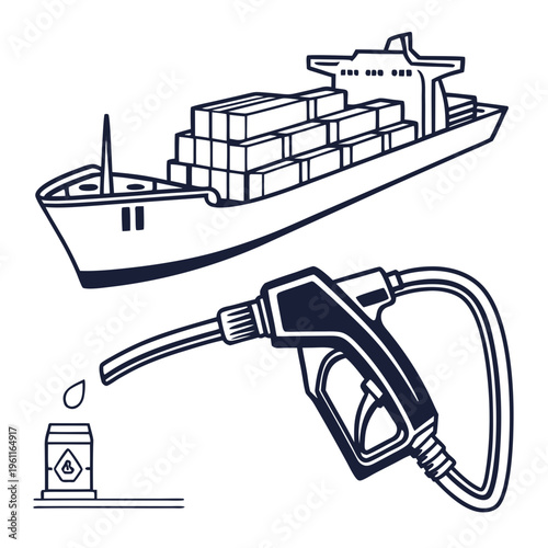 Vector illustration of cargo ship with containers and gas pump nozzle with canister