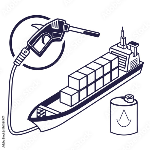 Vector illustration of a cargo ship being refueled with a gas pump and oil barrel