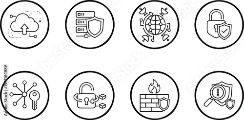 Digital technology and network security vector icon collection featuring cloud computing data servers global connectivity and cyber protection symbols.