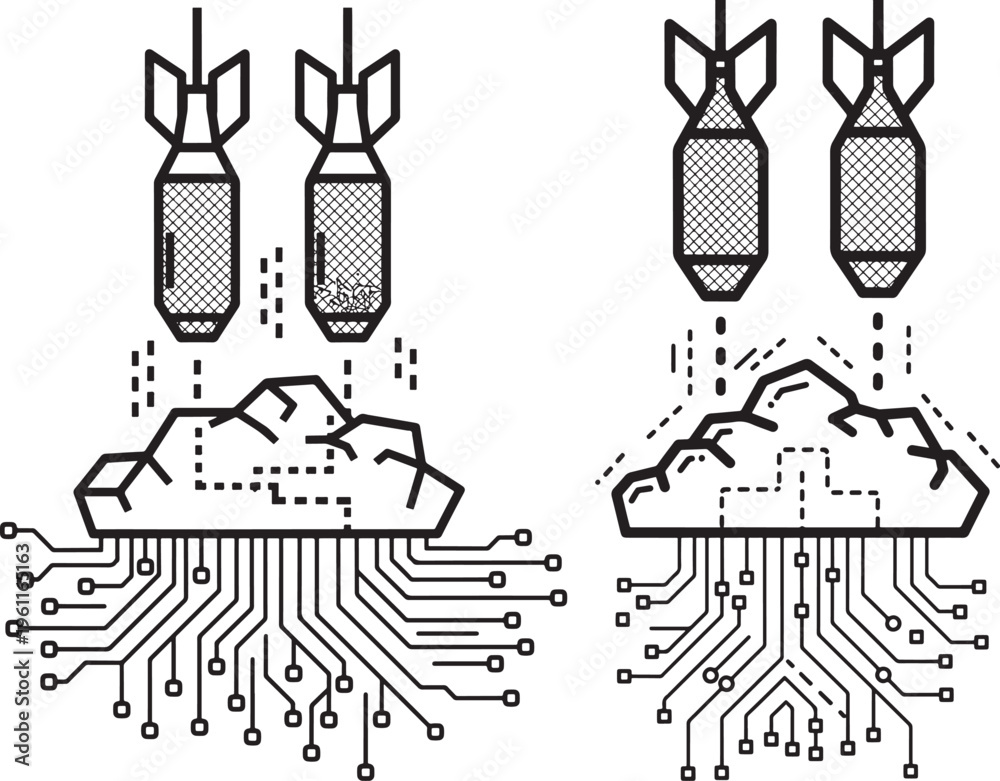 Fototapeta premium Bombs falling towards digital cloud computing circuits, cyber attack or data security threat concept, Circuit Board