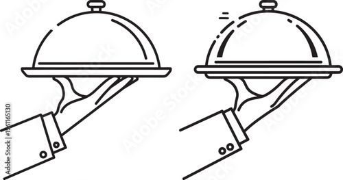 Hand holding a silver cloche food serving tray, restaurant waiter service illustration, simple icon, Dish Cover