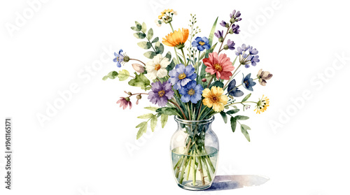 Watercolor illustration of a field flower bouquet in a clear glass vase, floral art