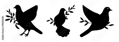 Dove set with olive branch silhouette featuring single dove, green leaf, white figure, abstract symbol with peace, spirituality and nature