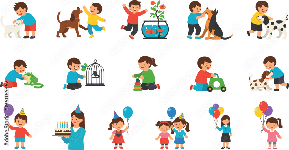 Naklejka premium Cute Kids and Pets Activity Set with Children Playing with Animals, Toys, Balloons, and Birthday Celebration Cartoon Vector Illustration