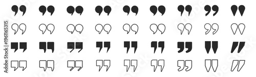 Quote marks outline and glyph icon set, speech text punctuation symbols, minimal typographic communication vector collection isolated on transparent background