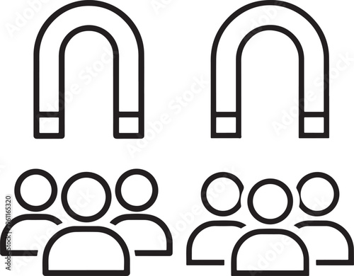 Magnet and People Icons: Simple Line Art Representing Attraction, Recruitment, or Social Connection, White Background
