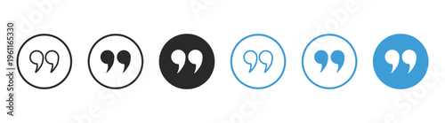 Quote marks in circle icon set, speech text punctuation symbols, minimal round outline typographic communication buttons isolated on transparent background